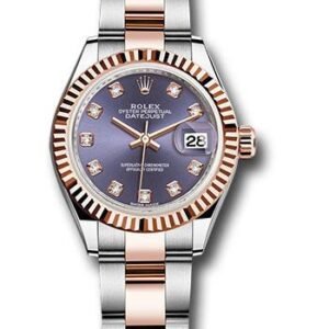 Rolex Steel and Everose Gold Rolesor Lady-Datejust 28 Watch - Fluted Bezel - Aubergine Diamond Dial - Oyster Bracelet - 279171 audo