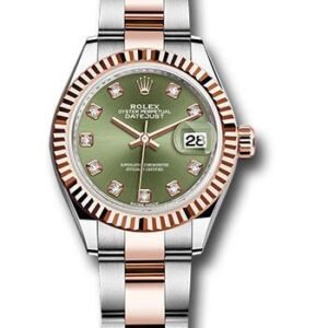 Rolex Steel and Everose Gold Rolesor Lady-Datejust 28 Watch - Fluted Bezel - Olive Green Diamond Dial - Oyster Bracelet - 279171 ogdo