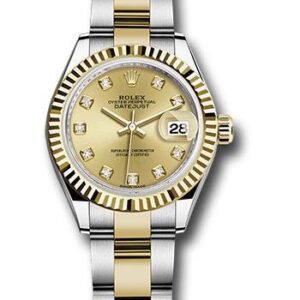 Rolex Steel and Yellow Gold Rolesor Lady-Datejust 28 Watch - Fluted Bezel - Champagne Diamond Dial - Oyster Bracelet - 279173 chdo