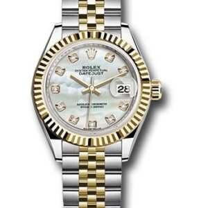 Rolex Steel and Yellow Gold Rolesor Lady-Datejust 28 Watch - Fluted Bezel - White Mother-Of-Pearl Diamond Dial - Jubilee Bracelet - 279173 mdj