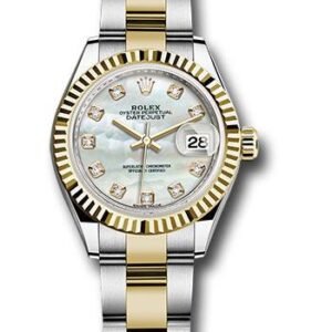 Rolex Steel and Yellow Gold Rolesor Lady-Datejust 28 Watch - Fluted Bezel - White Mother-Of-Pearl Diamond Dial - Oyster Bracelet - 279173 mdo