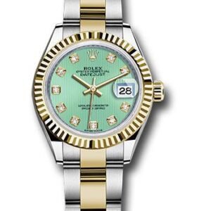 Rolex Steel and Yellow Gold Rolesor Lady-Datejust 28 Watch - Fluted Bezel - Mint Green Diamond Dial - Oyster Bracelet - 279173 mgdo