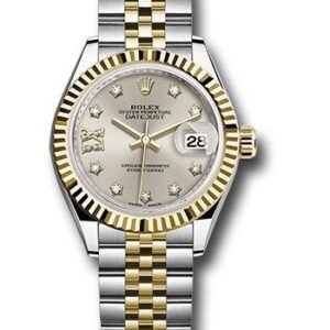 Rolex Steel and Yellow Gold Rolesor Lady-Datejust 28 Watch - Fluted Bezel - Silver Diamond Star Dial - Jubilee Bracelet - 279173 s9dix8dj