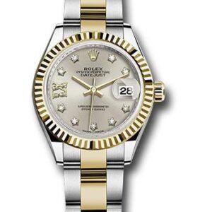 Rolex Steel and Yellow Gold Rolesor Lady-Datejust 28 Watch - Fluted Bezel - Silver Diamond Star Dial - Oyster Bracelet - 279173 s9dix8do