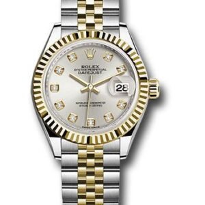 Rolex Steel and Yellow Gold Rolesor Lady-Datejust 28 Watch - Fluted Bezel - Silver Diamond Dial - Jubilee Bracelet - 279173 sdj