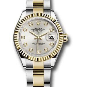 Rolex Steel and Yellow Gold Rolesor Lady-Datejust 28 Watch - Fluted Bezel - Silver Diamond Dial - Oyster Bracelet - 279173 sdo