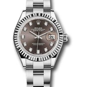 Rolex Steel and White Gold Rolesor Lady-Datejust 28 Watch - Fluted Bezel - Dark Grey Diamond Dial - Oyster Bracelet - 279174 dgdo