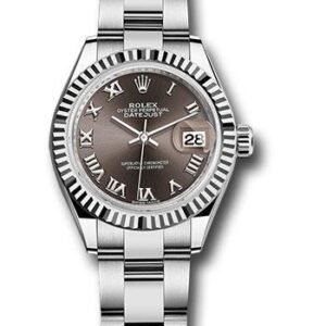 Rolex Steel and White Gold Rolesor Lady-Datejust 28 Watch - Fluted Bezel - Dark Grey Roman Dial - Oyster Bracelet - 279174 dgro