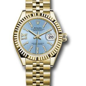 Rolex Yellow Gold Lady-Datejust 28 Watch - Fluted Bezel - Cornflower Blue Stripe Diamond Index Dial - Jubilee Bracelet - 279178 cbls36dix8dj