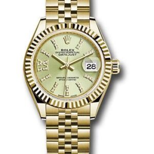 Rolex Yellow Gold Lady-Datejust 28 Watch - Fluted Bezel - Linden Green Strip Diamond Index Dial - Jubilee Bracelet - 279178 lings36dix8dj