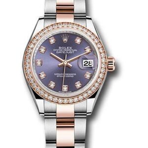 Rolex Steel and Everose Gold Rolesor Lady-Datejust 28 Watch - Diamond Bezel - Aubergine Diamond Dial - Oyster Bracelet - 279381RBR audo