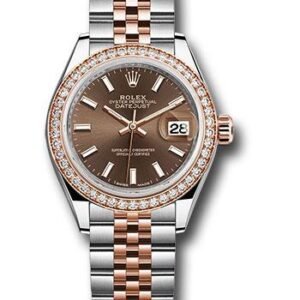 Rolex Steel and Everose Gold Rolesor Lady-Datejust 28 Watch - Diamond Bezel - Chocolate Index Dial - Jubilee Bracelet - 279381RBR choij