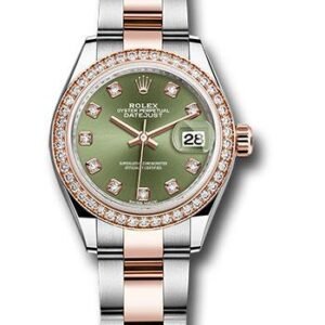 Rolex Steel and Everose Gold Rolesor Lady-Datejust 28 Watch - Diamond Bezel - Olive Green Diamond Dial - Oyster Bracelet - 279381RBR ogdo