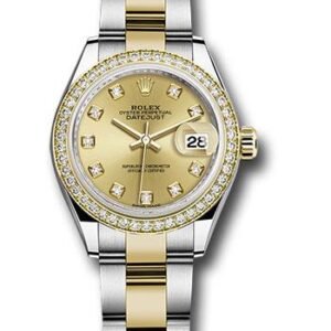 Rolex Steel and Yellow Gold Rolesor Lady-Datejust 28 Watch - Diamond Bezel - Champagne Diamond Dial - Oyster Bracelet - 279383RBR chdo