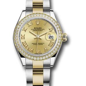 Rolex Steel and Yellow Gold Rolesor Lady-Datejust 28 Watch - Diamond Bezel - Champagne Roman Dial - Oyster Bracelet - 279383RBR chro
