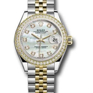 Rolex Steel and Yellow Gold Rolesor Lady-Datejust 28 Watch - Diamond Bezel - White Mother-Of-Pearl Diamond Dial - Jubilee Bracelet - 279383RBR mdj