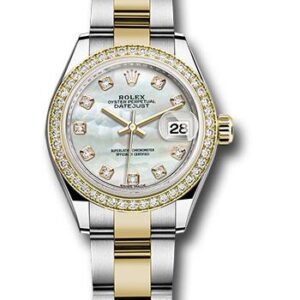 Rolex Steel and Yellow Gold Rolesor Lady-Datejust 28 Watch - Diamond Bezel - White Mother-Of-Pearl Diamond Dial - Oyster Bracelet - 279383RBR mdo