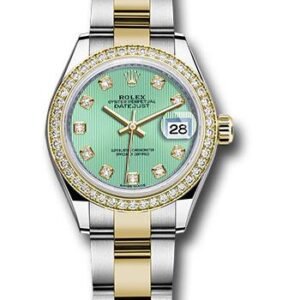 Rolex Steel and Yellow Gold Rolesor Lady-Datejust 28 Watch - Diamond Bezel - Mint Green Diamond Dial - Oyster Bracelet - 279383RBR mgdo