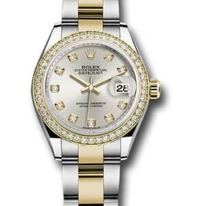 Rolex Steel and Yellow Gold Rolesor Lady-Datejust 28 Watch - Diamond Bezel - Silver Diamond Dial - Oyster Bracelet - 279383RBR sdo