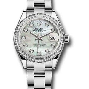 Rolex Steel and White Gold Rolesor Lady-Datejust 28 Watch - 44 Diamond Bezel - White Mother-Of-Pearl Diamond Dial - Oyster Bracelet - 279384RBR mdo