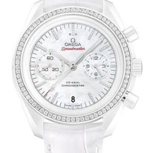 Omega Speedmaster Moonwatch Co-Axial Chronograph White Side of the Moon Watch - 44.25 mm White Ceramic Case - Diamond-Set Ceramic Bezel - Mother-Of-Pearl Dial - White Leather Strap - 311.98.44.51.55.001