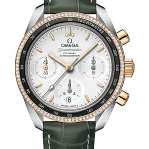 Omega Speedmaster 38 Co-Axial Chronograph Watch - 38 mm Steel And Yellow Gold Case - Dual Diamond Bezel - Silvery Dial - Green Leather Strap - 324.28.38.50.02.001