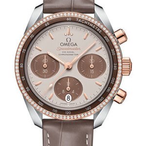 Omega Speedmaster 38 Co-Axial Chronograph Watch - 38 mm Steel And Sedna Gold Case - Dual Diamond Bezel - Cappuccino Dial - Taupe-Brown Leather Strap - 324.28.38.50.02.002