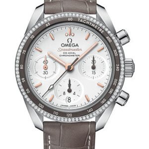 Omega Speedmaster 38 Co-Axial Chronograph Watch - 38 mm Steel Case - Dual Diamond Bezel - Silvery Dial - Taupe-Brown Leather Strap - 324.38.38.50.02.001