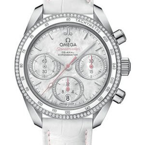 Omega Speedmaster 38 Co-Axial Chronograph Watch - 38 mm Steel Case - Dual Diamond Bezel - Mother-Of-Pearl Diamond Dial - White Leather Strap - 324.38.38.50.55.001