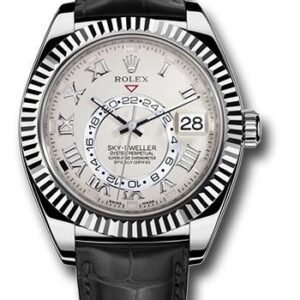 Rolex White Gold Sky-Dweller Watch - Ivory Roman Dial - Black Leather Strap - 326139 iv