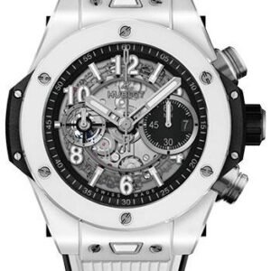 Hublot Big Bang Unico White Ceramic Watch - 44 mm - Black Skeleton Dial - Black and White Rubber Strap-421.HX.1170.RX