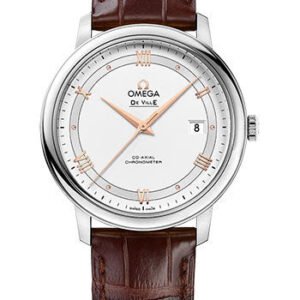 Omega De Ville Prestige Co-Axial Watch - 39.5 mm Steel Case - Silver Dial - Brown Leather Strap - 424.13.40.20.02.002