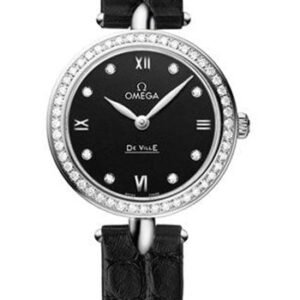 Omega De Ville Prestige Quartz Dewdrop Watch - 27.4 mm Steel Case - Black Dial - Leather Strap - 424.18.27.60.51.001