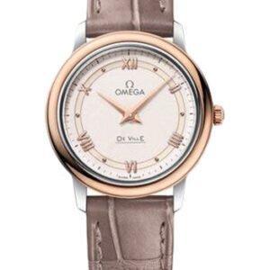 Omega De Ville Prestige Quartz Watch - 27.4 mm Steel And Red Gold Case - Varnished Shimmer Ivory-Beige Dial - Taupe-Brown Leather Strap - 424.23.27.60.09.001