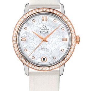 Omega De Ville Prestige Co-Axial Watch - 32.7 mm Steel Case - Diamond-Set Red Gold Bezel - Mother-Of-Pearl Diamond Dial - White Satin-Brushed Leather Strap - 424.27.33.20.55.001