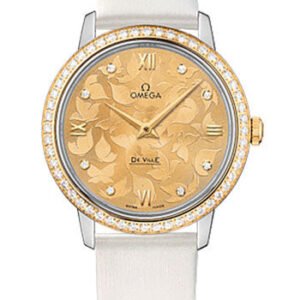 Omega De Ville Prestige Quartz Watch - 32.7 mm Steel Case - Diamond-Set Yellow Gold Bezel - Champagne Diamond Dial - White Satin-Brushed Leather Strap - 424.27.33.60.58.001