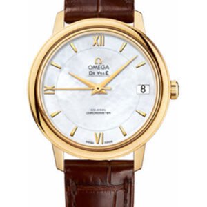 Omega De Ville Prestige Co-Axial Watch - 32.7 mm Yellow Gold Case - Mother-Of-Pearl Dial - Brown Leather Strap - 424.53.33.20.05.002