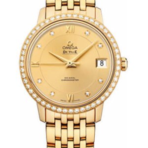 Omega De Ville Prestige Co-Axial Watch - 32.7 mm Yellow Gold Case - Diamond Bezel - Champagne Diamond Dial - 424.55.33.20.58.001