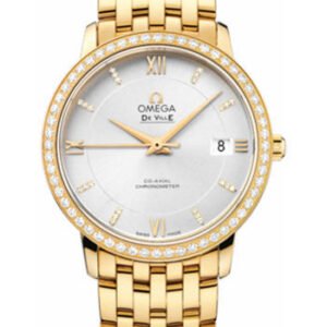 Omega De Ville Prestige Co-Axial Watch - 36.8 mm Yellow Gold Case - Diamond Bezel - Silver Diamond Dial - 424.55.37.20.52.002