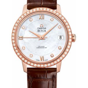 Omega De Ville Prestige Co-Axial Watch - 32.7 mm Red Gold Case - Diamond Bezel - Mother-Of-Pearl Diamond Dial - Brown Leather Strap - 424.58.33.20.55.001