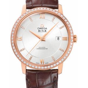 Omega De Ville Prestige Co-Axial Watch - 39.5 mm Red Gold Case - Diamond Bezel - Silver Diamond Dial - Brown Leather Strap - 424.58.40.20.52.002