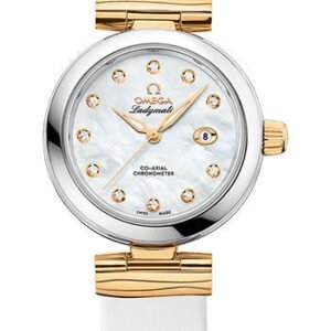 Omega De Ville Ladymatic Omega Co-Axial Watch - 34 mm Steel Case - White Diamond Dial - White Leather Strap - 425.22.34.20.55.003