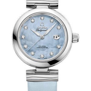 Omega De Ville Ladymatic Omega Co-Axial Watch - 34 mm Steel Case - Blue Diamond Dial - Blue Leather Strap - 425.32.34.20.57.003