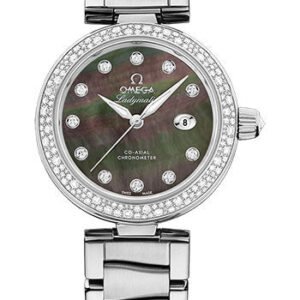 Omega De Ville Ladymatic Omega Co-Axial Watch - 34 mm Steel Case - Diamond Bezel - Black Diamond Dial - 425.35.34.20.57.004