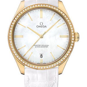 Omega De Ville Tresor Omega Master Co-Axial Watch - 40 mm Yellow Gold Case - Diamond Bezel - White Dial - White Leather Strap - 432.58.40.21.05.002