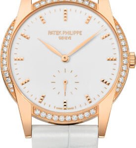 Patek Philippe Ladies Calatrava 33mm White Hobnail Index Diamond Bezel Rose Gold Leather - 7122-200R-001