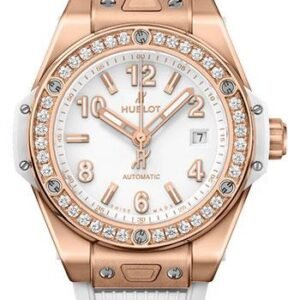 Hublot Big Bang One Click King Gold White Diamonds Watch - 33 mm - White Dial - White Rubber Strap-485.OE.2080.RW.1204
