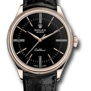Rolex Cellini Time Watch - Everose Gold - Black Dial - Black Leather Strap - 50505 bkbk