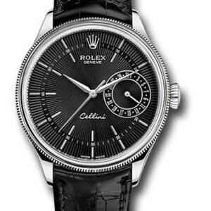Rolex Cellini Date Watch - White Gold - Black Dial - Black Leather Strap - 50519 bkbk