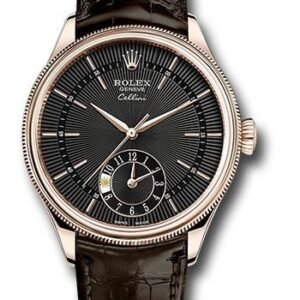 Rolex Cellini Dual Time Watch - Everose - Black Dial - Brown Leather Strap - 50525 bkbr